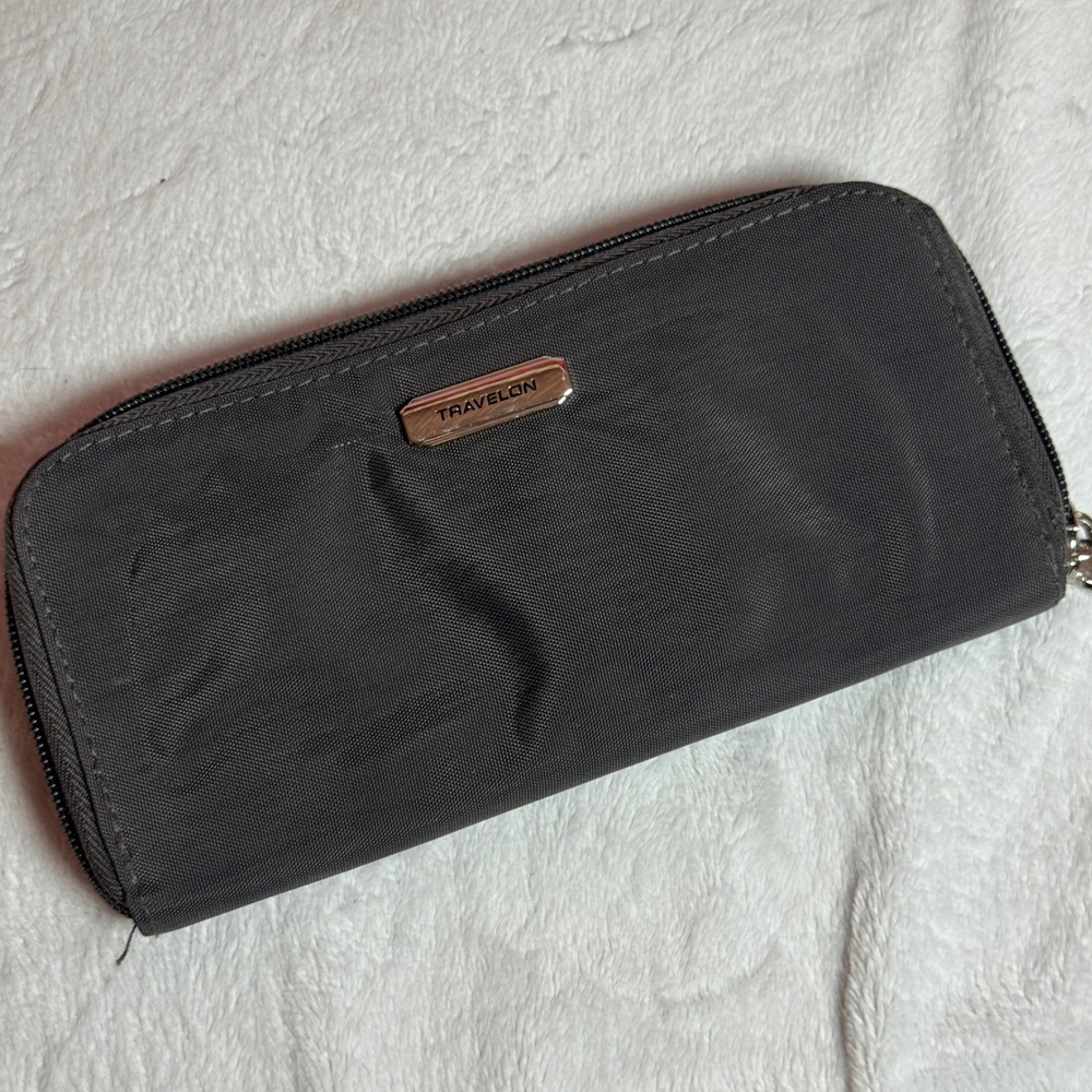 Travelon RFID Blocking Single Zip Dark Gray Wallet with Gray Stripes Interior